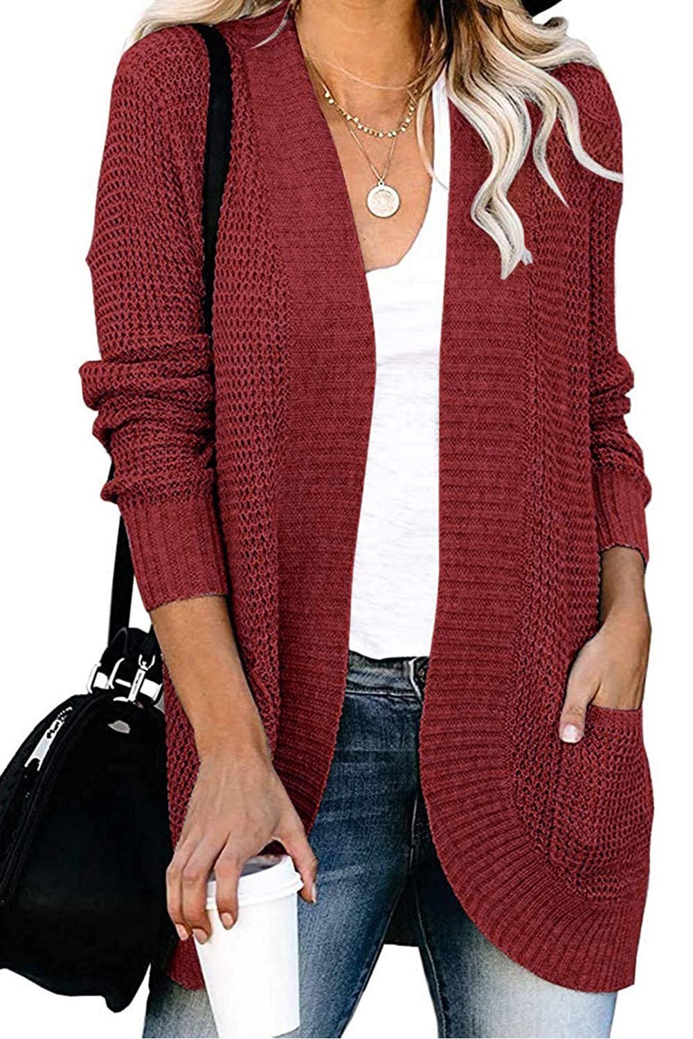 Pocket Knitted Solid Color Cardigan - My Store