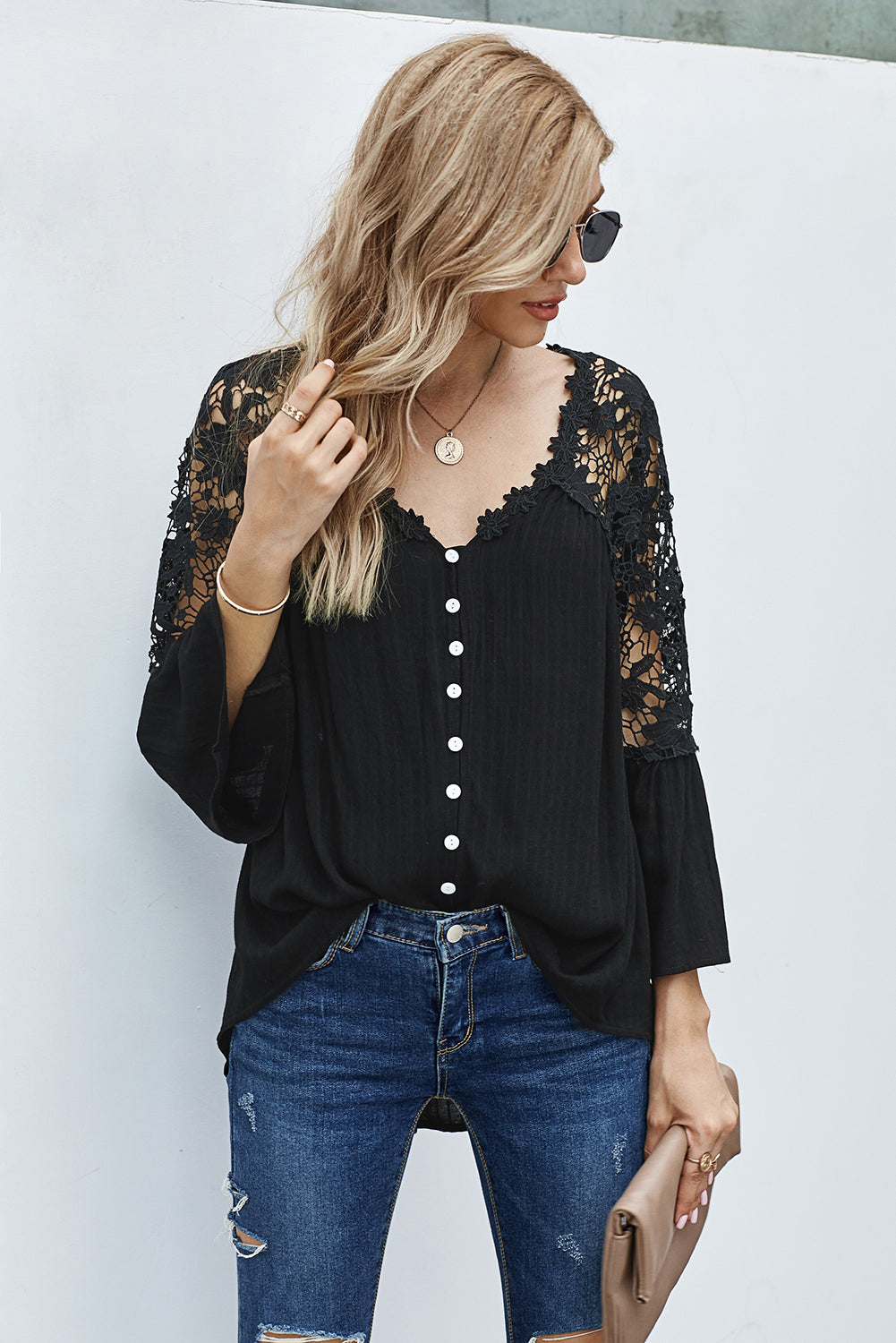 Button Long Sleeve Black Crochet Lace Blouse Top - My Store