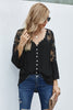 Button Long Sleeve Black Crochet Lace Blouse Top - My Store