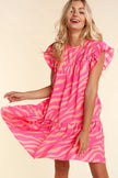 Pink Zebra Stripe Printed Ruffle Trim Pocketed Dress - My Store