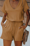 Casual Brown Short Sleeve Pocketed Knit Romper - My Store