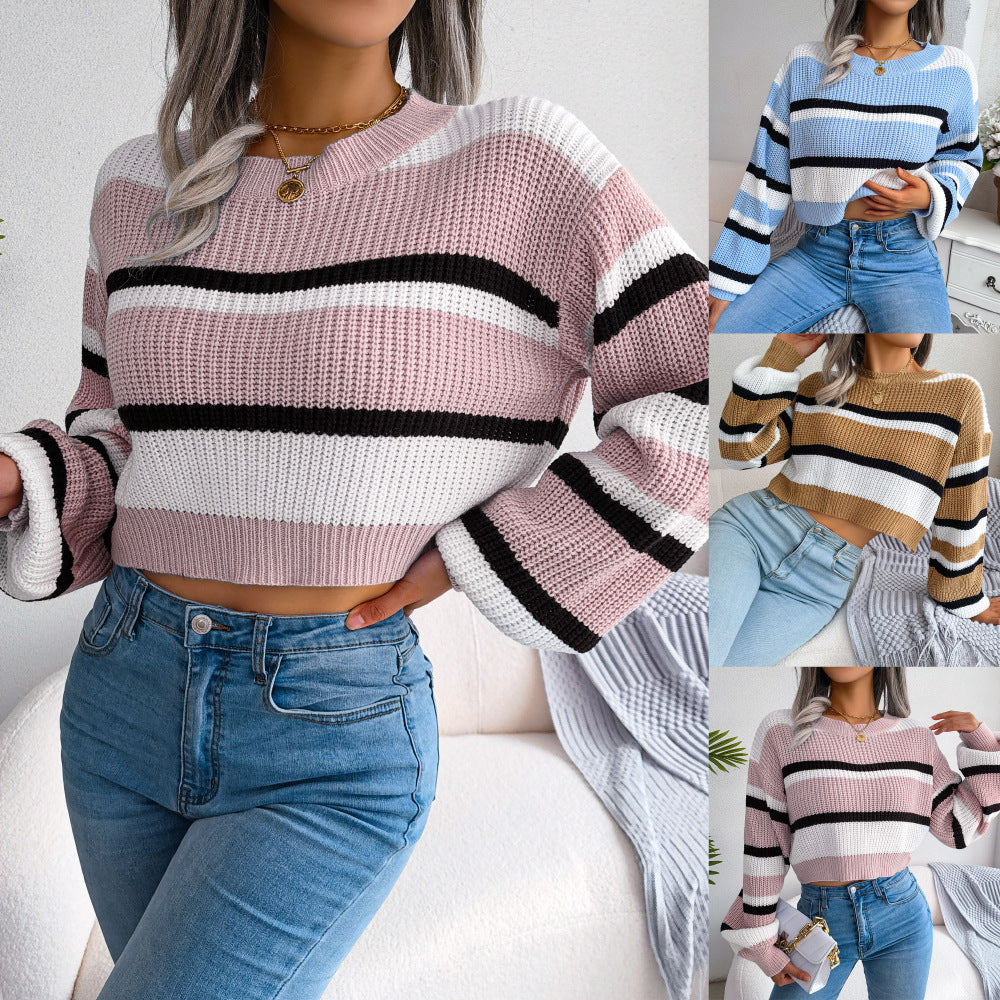 Ins Style Autumn And Winter Casual Striped Long-Sleeved Open-Neck Knit - My Store