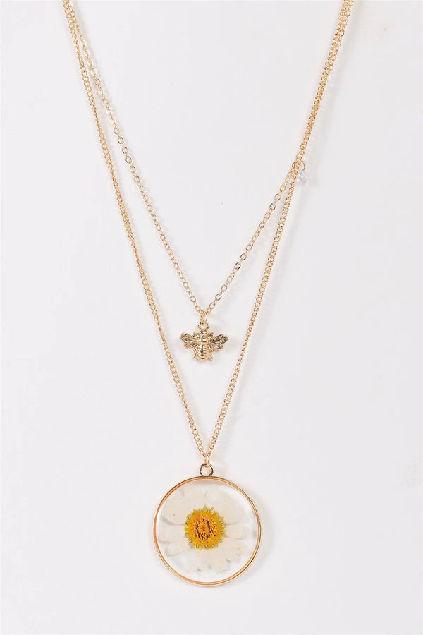 Gold Chain Real Daisy Bee Faux Diamond Pendants Necklace - LEATHERS AND FEATHERS