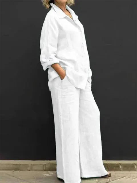 Lapel Blouse and Loose Straight Pants