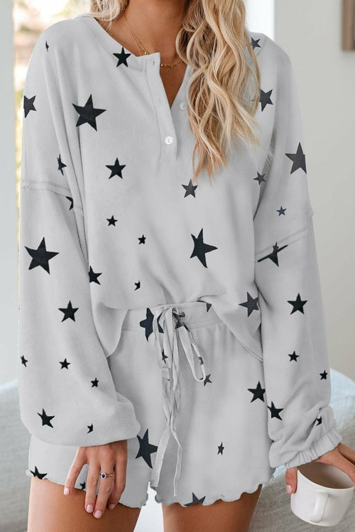 White Star Print Knit Long Sleeve Short Pajamas Set - My Store