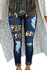 Fashion Women's Blue Hollow Out Leopard Splice Ripped Jeans - My Store