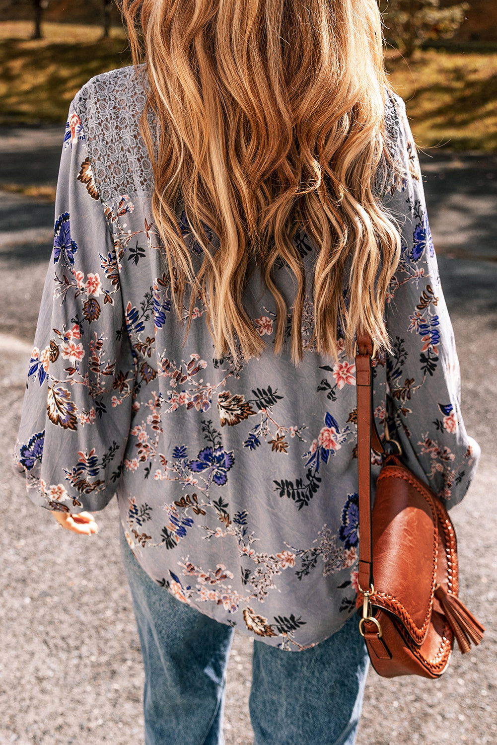 Sky Blue Floral Print Lace Patchwork Knot Front V Neck Blouse - My Store