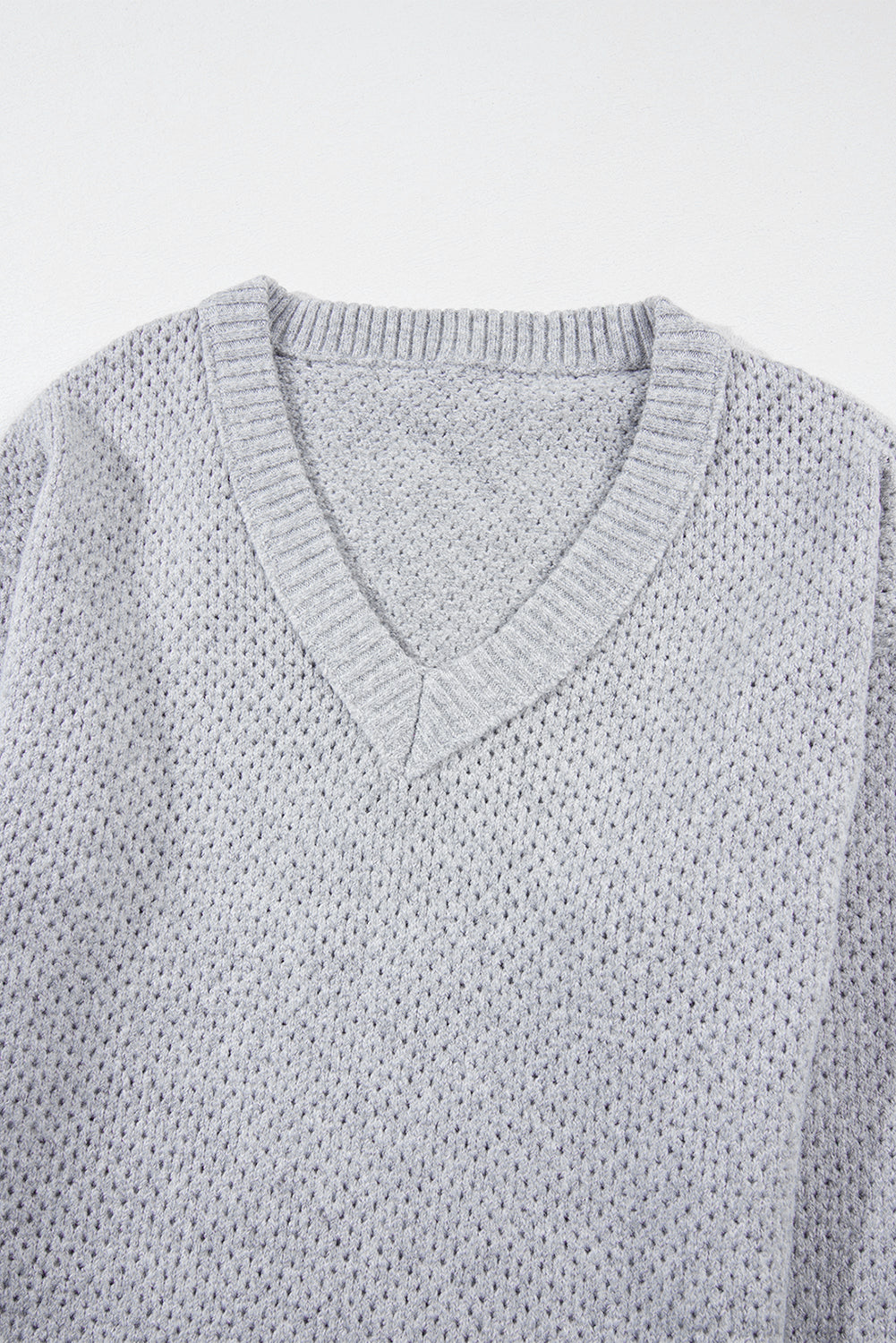 Light Grey Oversized V Neck Drop Shoulder Sweater with Eyelet Detail - My Store