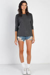 Charcoal Textured Crew Neck Midi Sleeve Knit Top - My Store