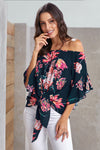 Navy Off Shoulder Floral Tie Front High Low Chiffon Blouse - My Store