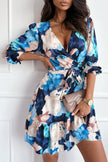 Blue Abstract Floral Long Sleeve Tied Ruffle Dress - My Store