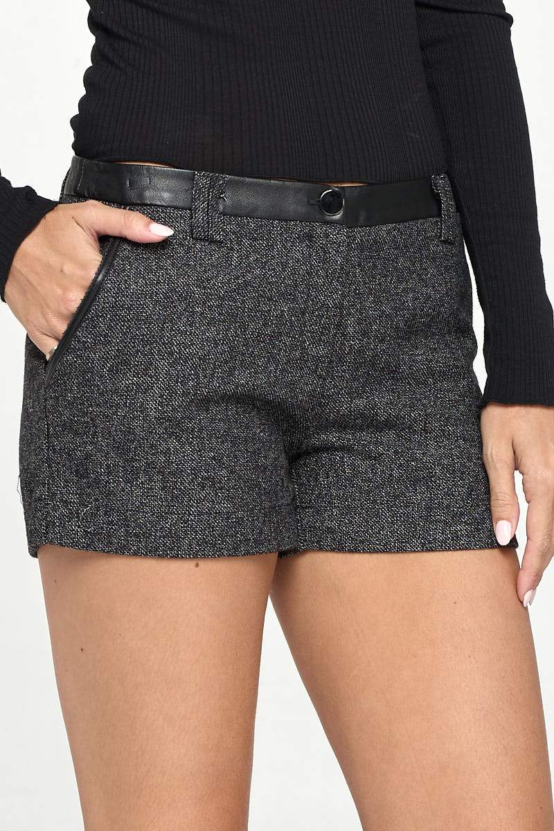 Vegan Leather Contrast Waist Band Short For Women - My Store