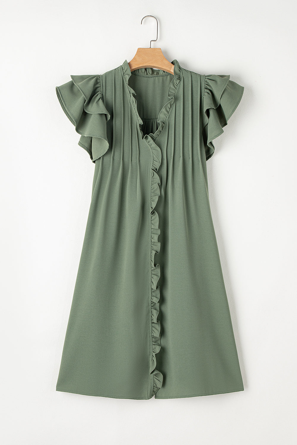 Mist Green Ruffle Sleeve V Neck Frilled Shift Dress - My Store