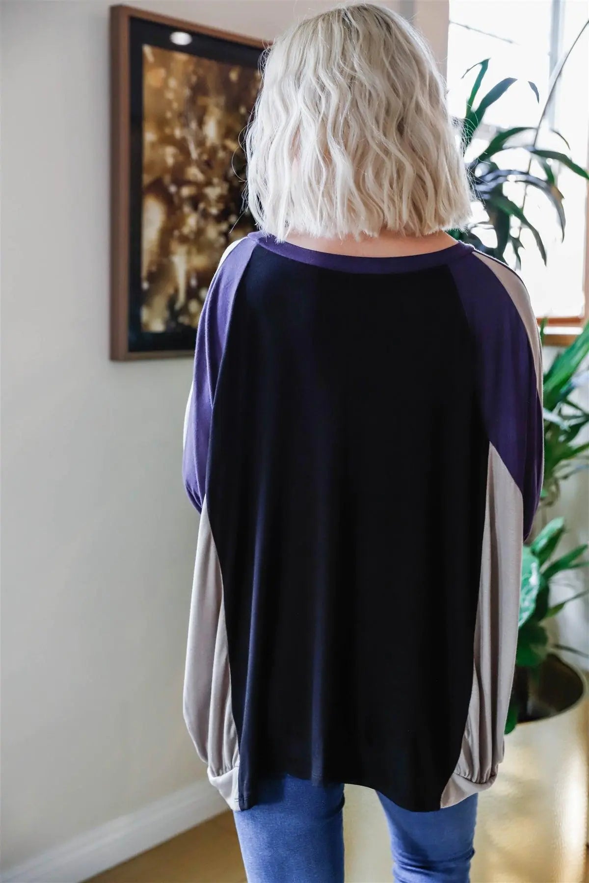 Black & Purple Colorblock Dolman Sleeve Oversized Top - My Store