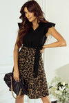 Black Flutter Sleeve Bodice Splicing Leopard Print Dress - My Store