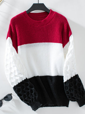 Color Block Round Neck Long Sleeve Sweater - My Store