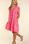 Pink Zebra Stripe Printed Ruffle Trim Pocketed Dress - My Store