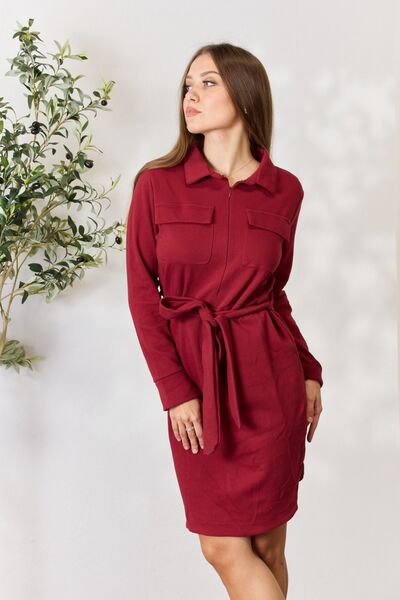 Culture Code Full Size Tie Front Half Zip Long Sleeve Shirt Dress - My Store