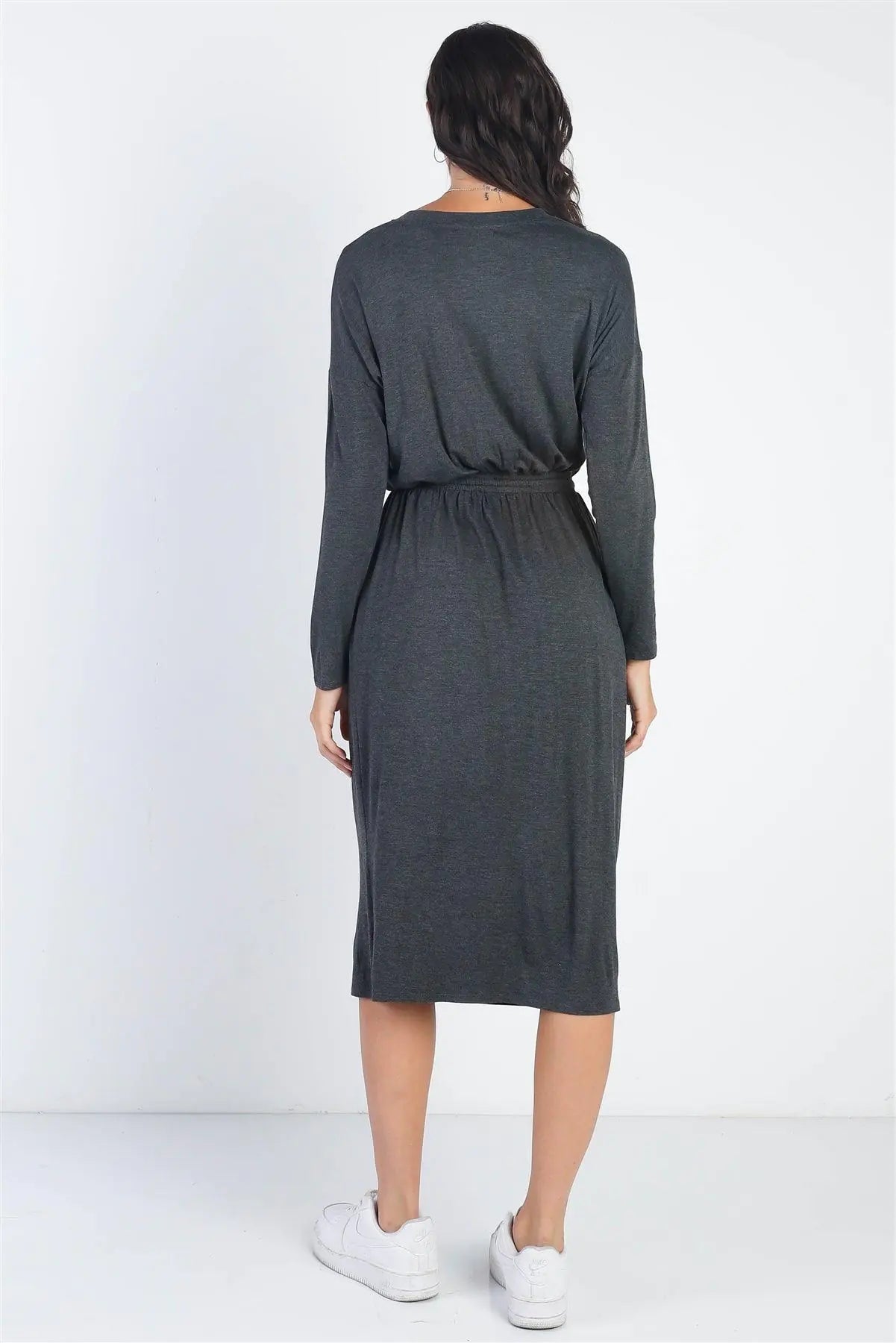 Charcoal Button Up Neck Detail Fitted Waist Midi Dress /1-1-1 - My Store