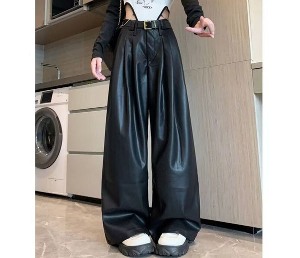 Women's Vintage Brown Pleated PU Leather Pants - My Store