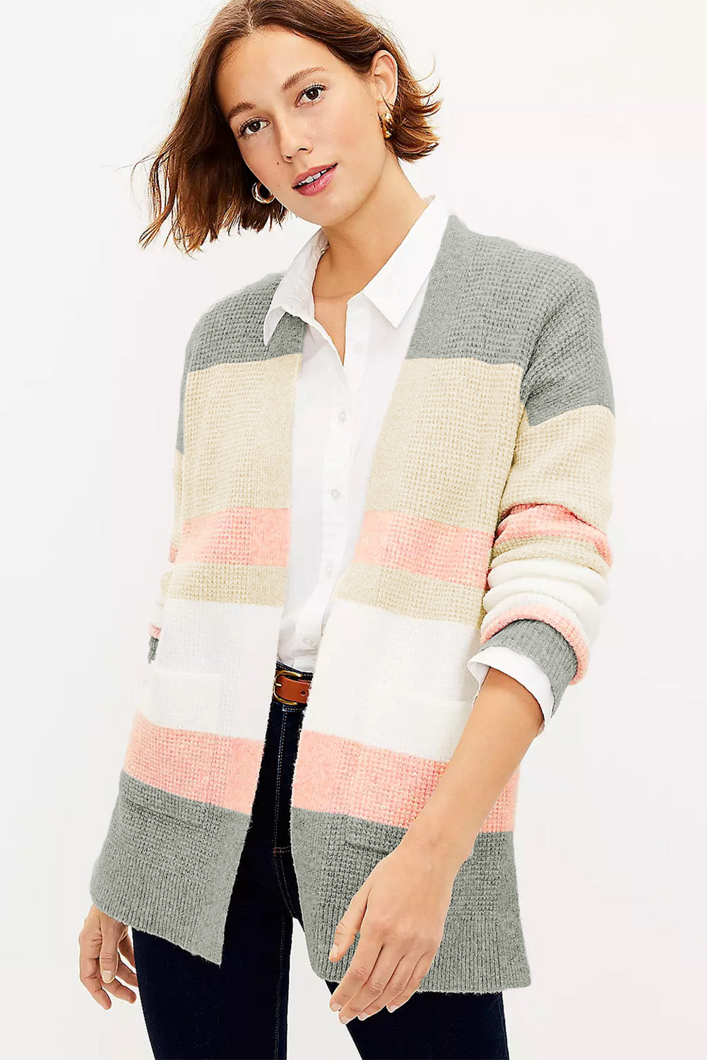 Multicolor Color Block Striped Pocketed Open Cardigan