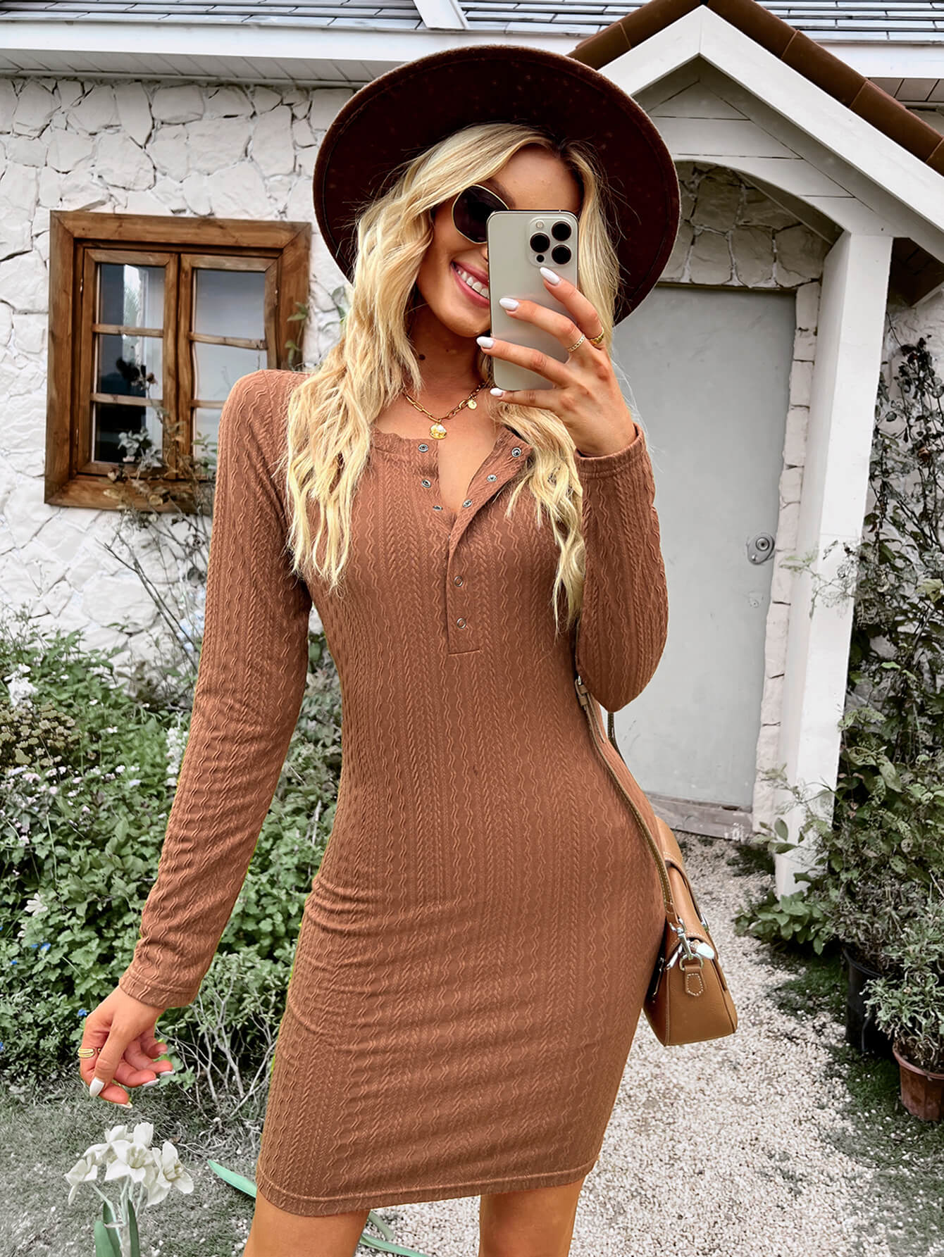 Quarter Snap Long Sleeve Textured Dress - My Store