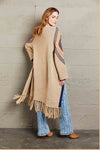 Double Take Geometric Fringe Hem Open Front Duster Cardigan - My Store