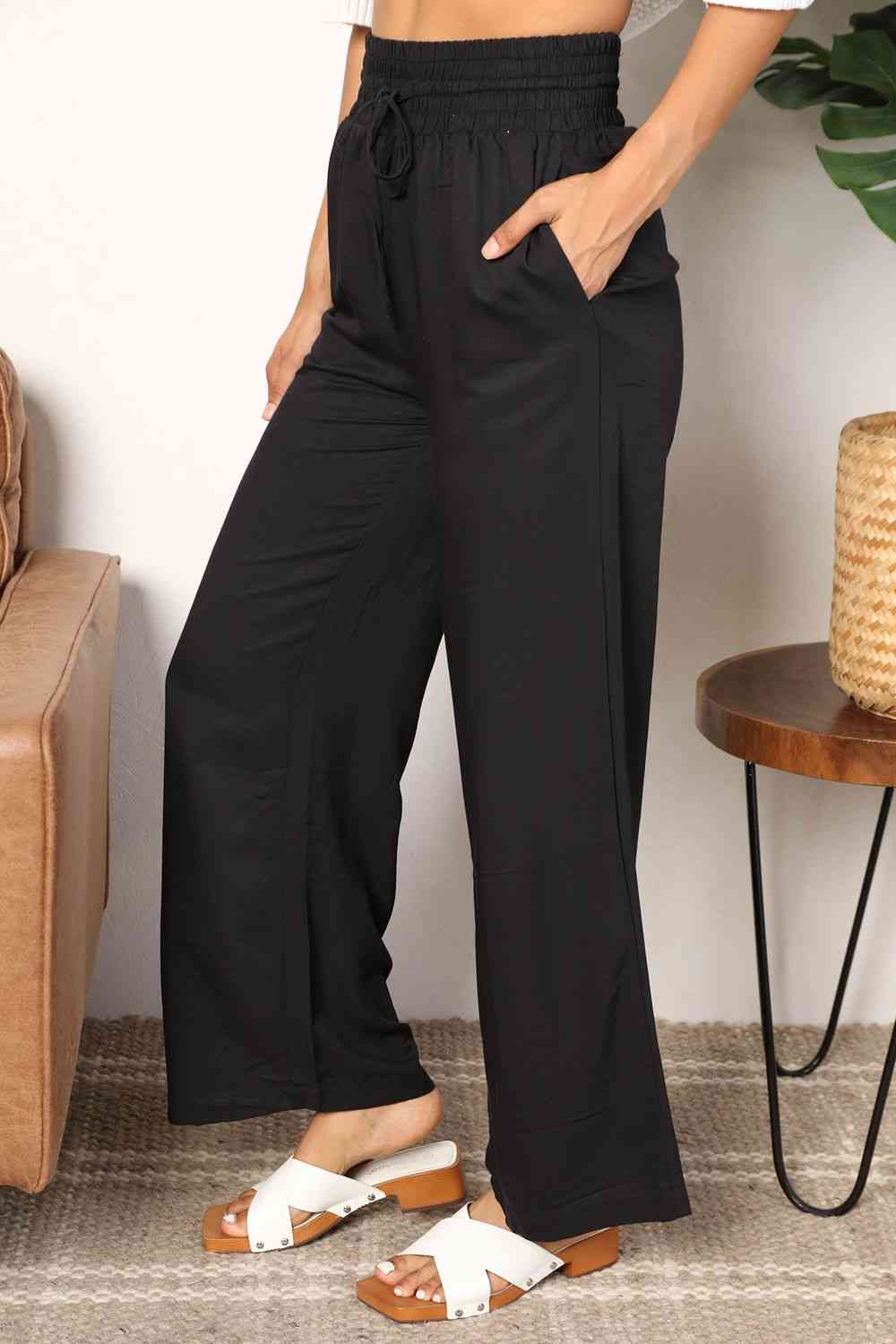 Double Take Drawstring Smocked Waist Wide Leg Pants - My Store