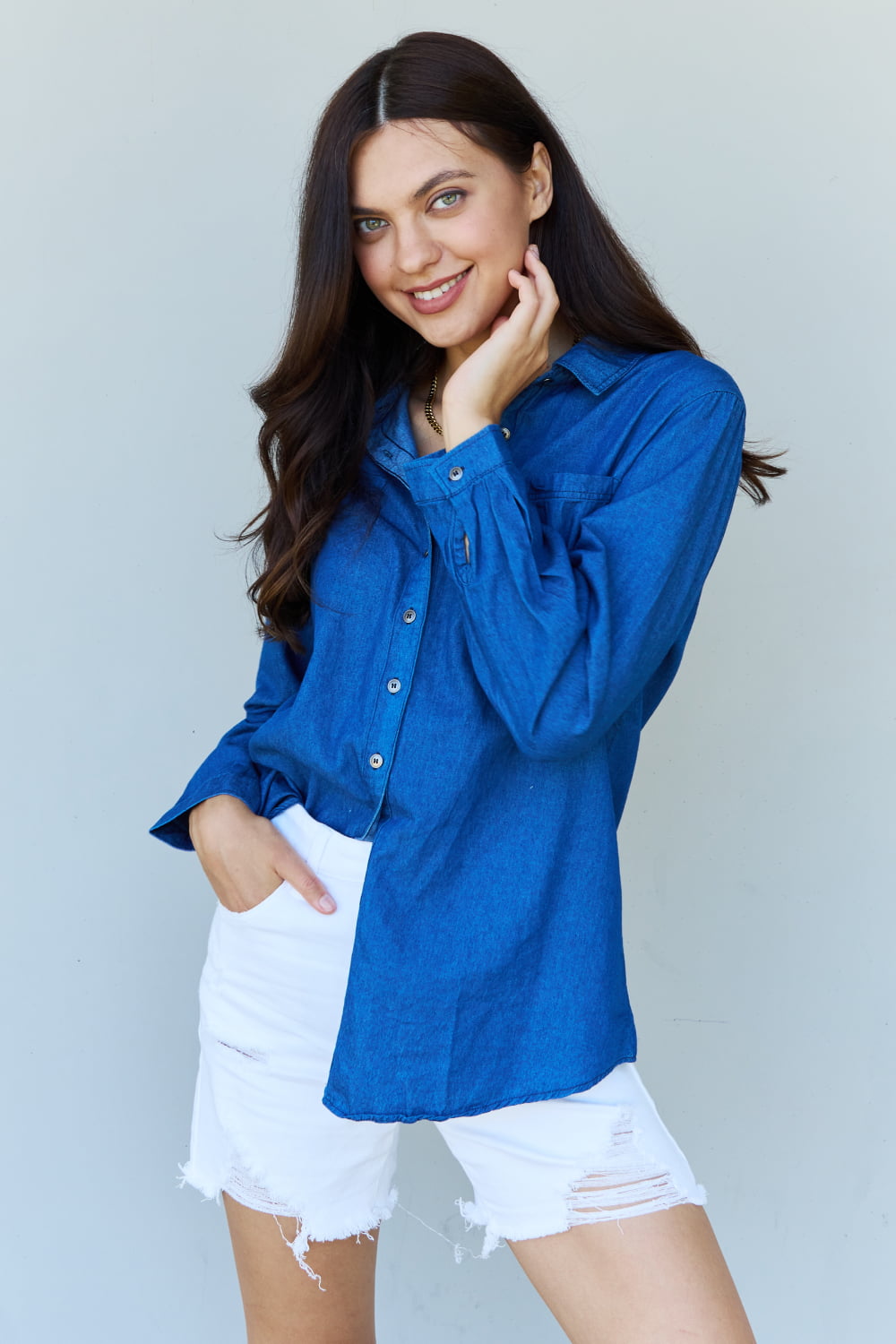 Doublju Blue Jean Baby Denim Button Down Shirt Top in Dark Blue - My Store