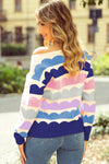 Dark Blue Wave Striped Balloon Sleeve Drop Shoulder Sweater - My Store