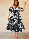 Printed Off-Shoulder Balloon Sleeve Dress - My Store