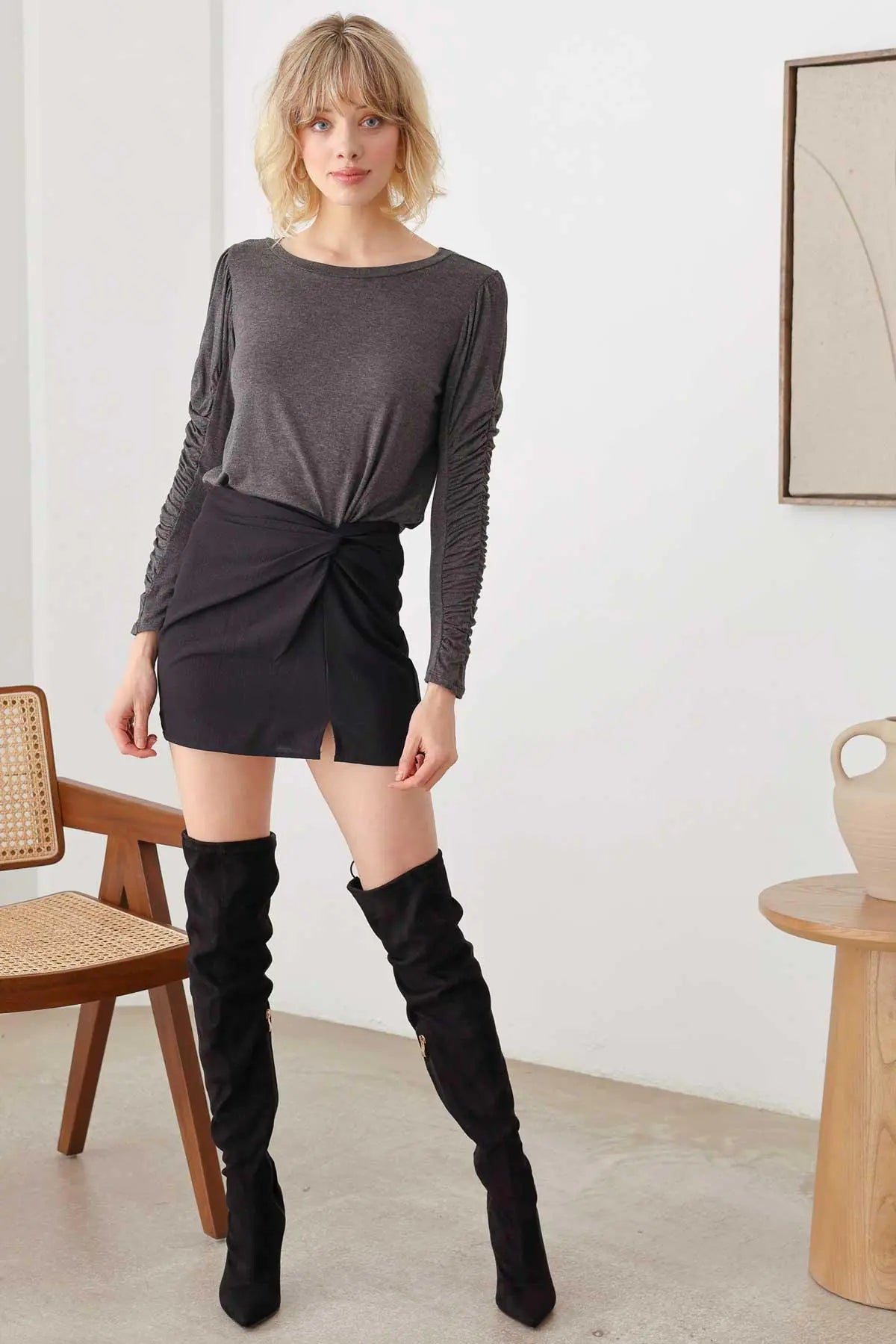 Charcoal Ruched Detail Long Sleeve Top - My Store