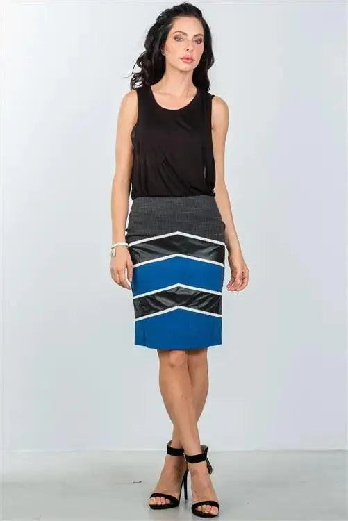 Blue Color-Block Pencil Elegant Midi Skirt