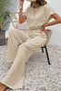 Beige Crinkled Elastic Hem Crop Tee and Wide Leg Pants Set - My Store