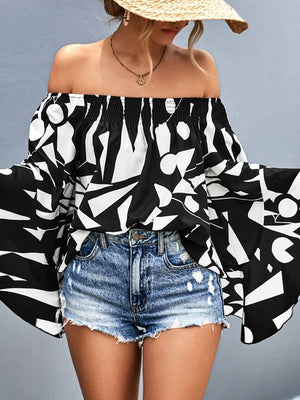 Printed Off-Shoulder Bell Sleeve Blouse - My Store