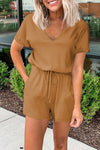 Casual Brown Short Sleeve Pocketed Knit Romper - My Store