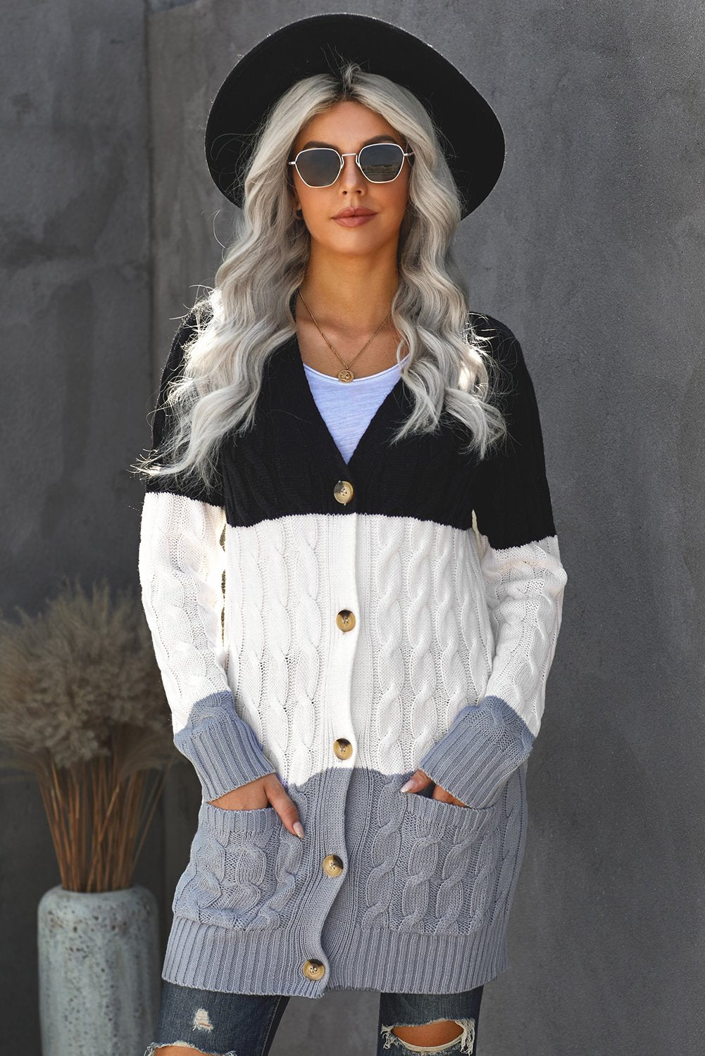 Black Gray Colorblock Button Pocket Knit Cardigan - My Store