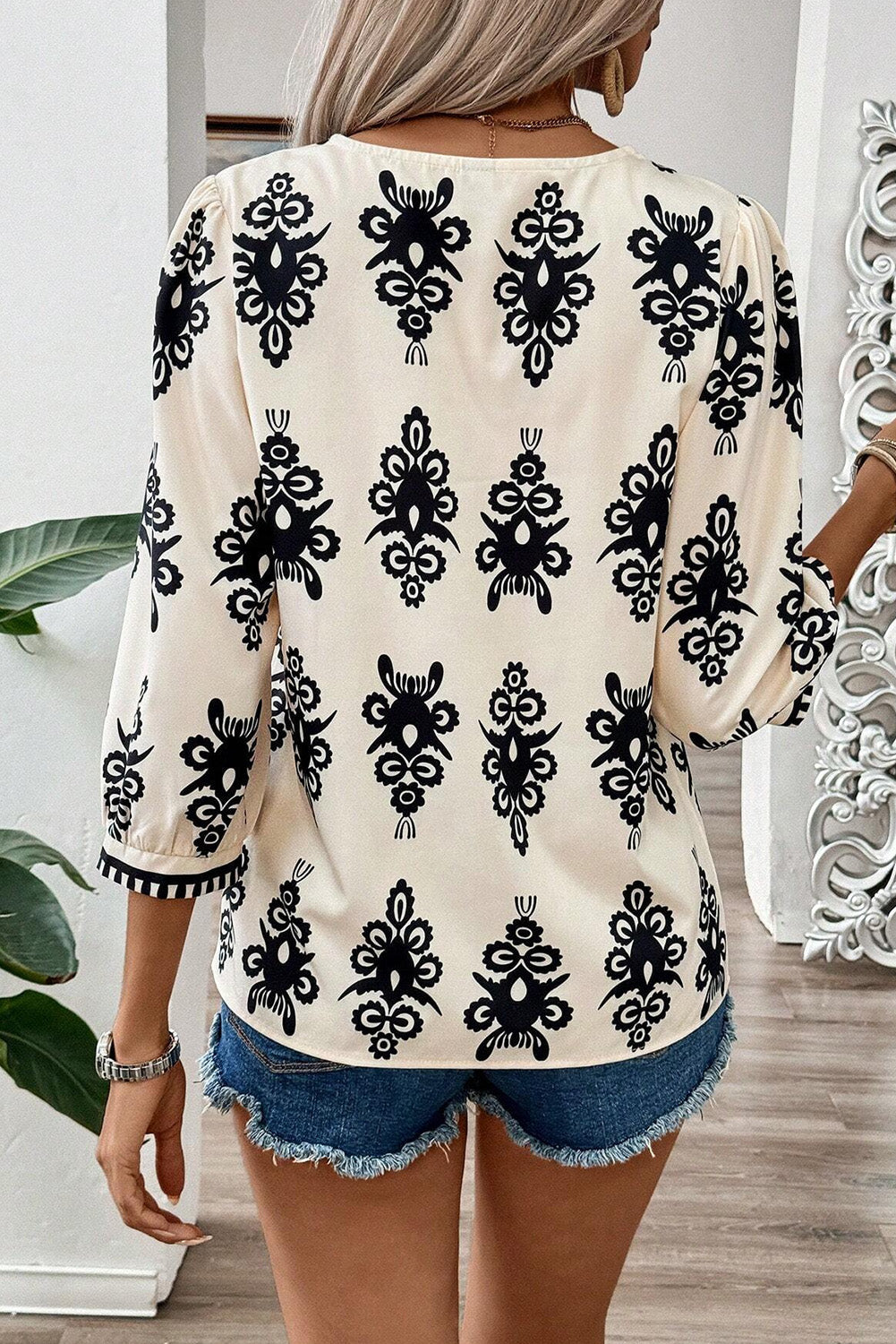 Beige Vintage Geometric Printed 3/4 Sleeve V Neck Blouse - My Store