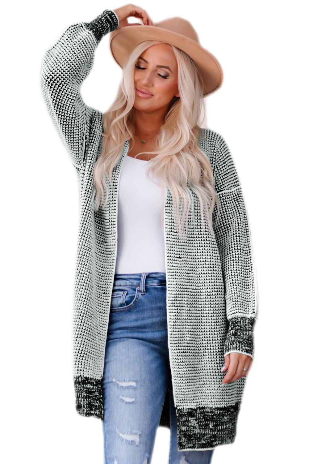 Gray Plaid Knitted Long Open Front Cardigan - My Store