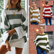 Autumn and winter new women's sweater rolled edge round neck striped c - My Store