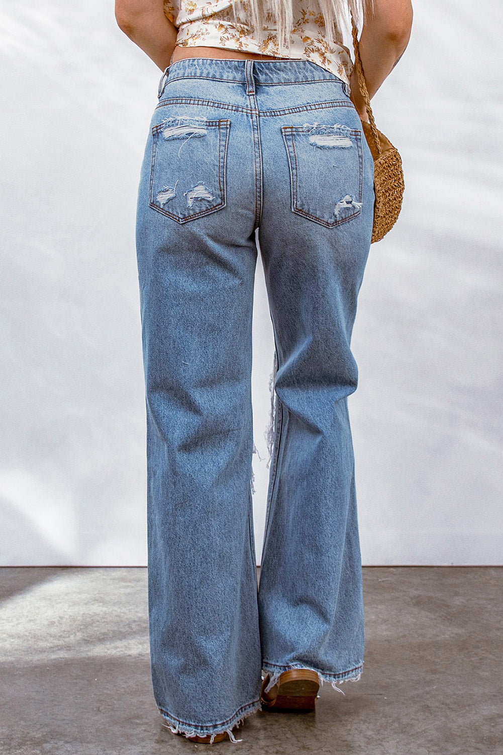 Sky Blue Destroyed Open Knee Wide Leg Jeans - My Store