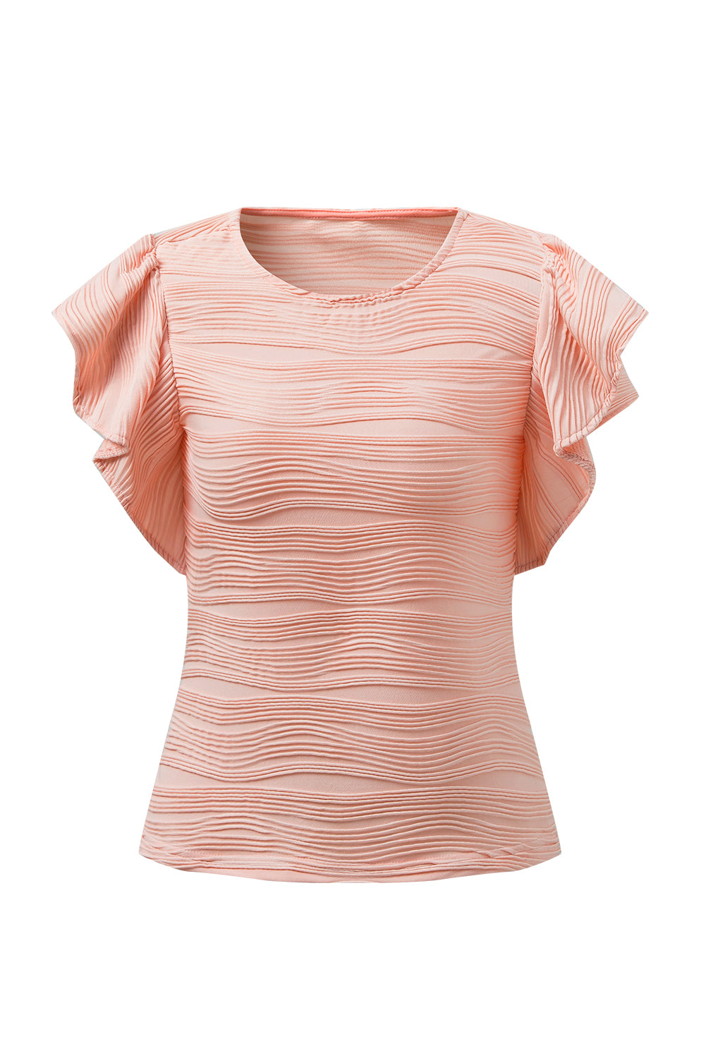 Apricot Pink Wavy Textured Ruffle Sleeve Top - My Store