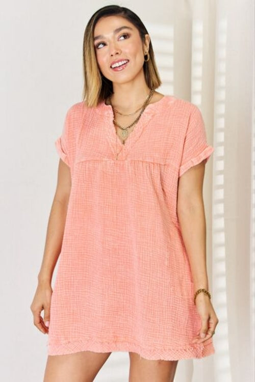 Zenana Washed Nochted Rolled Short Sleeve Dress - My Store