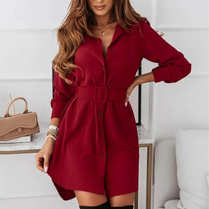 Knee-Length Casual A-Line Slim Fit Shirt Dress with Long Sleeves - My Store