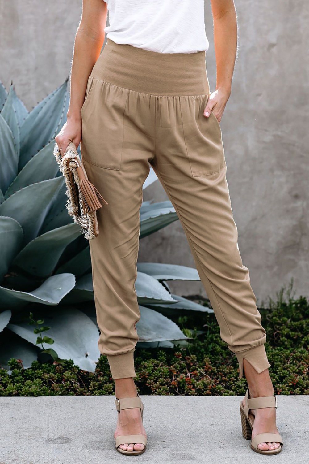 Women's Khaki Wide Waistband Pocketed Joggers - My Store