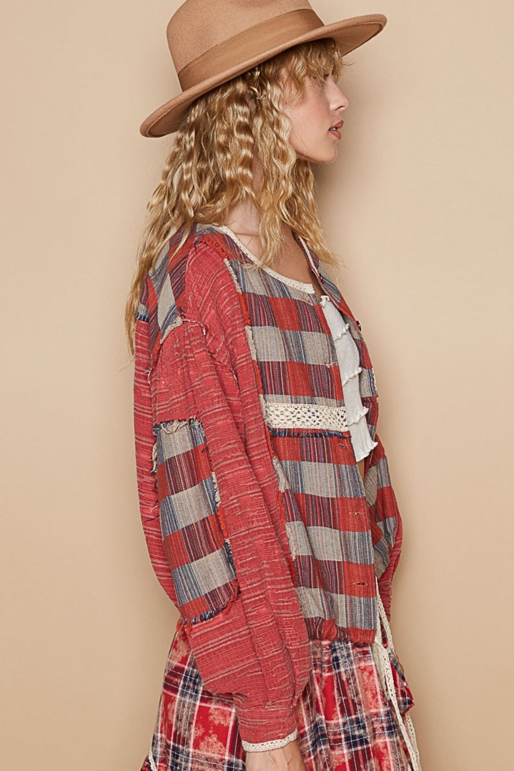 POL Round Neck Long Sleeve Plaid Shirt - My Store