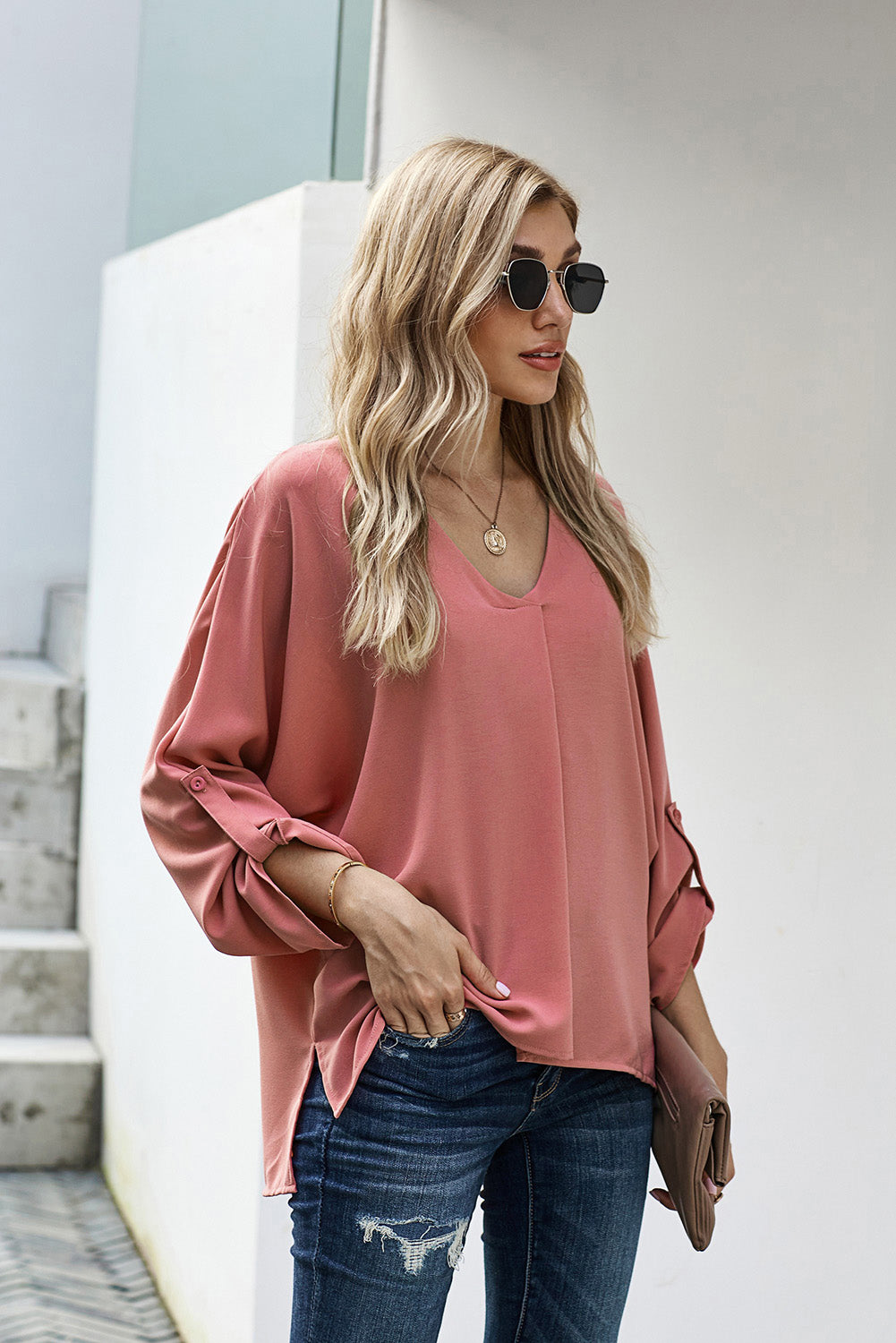 Pink V Neck 3/4 Sleeve High Low Hem Shirt - My Store