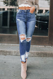 Dark Blue Washed Distressed Slits Skinny Jeans - My Store