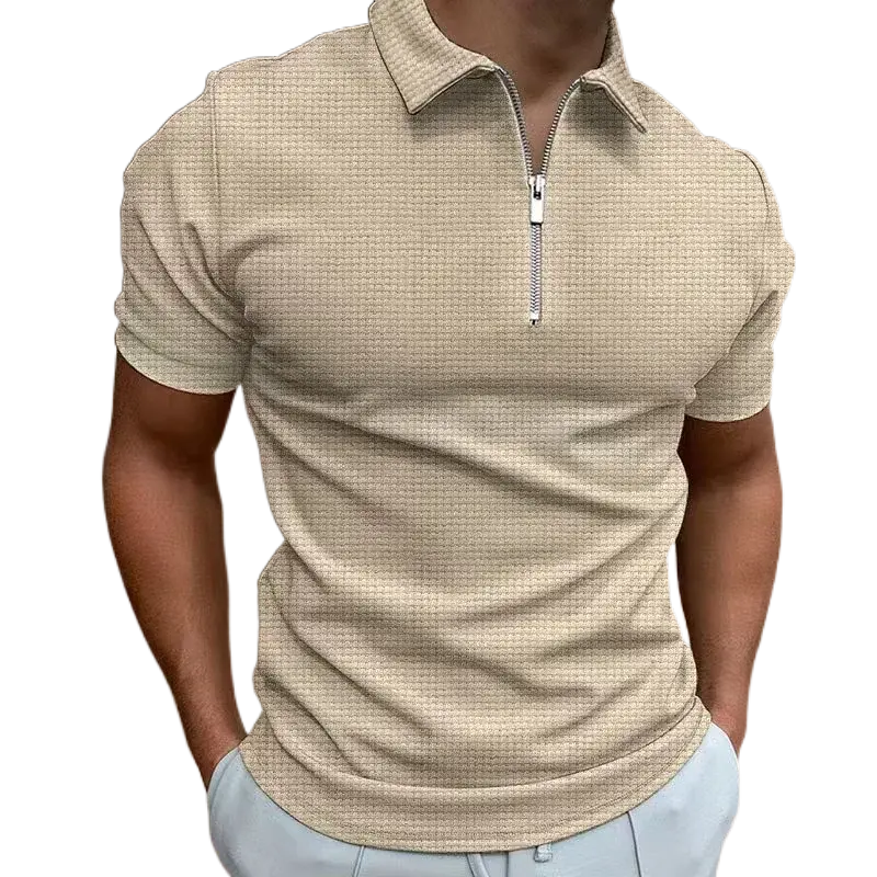 Summer New Men's Zipper Waffle Polo Shirt Short Sleeve Waffle - My Store