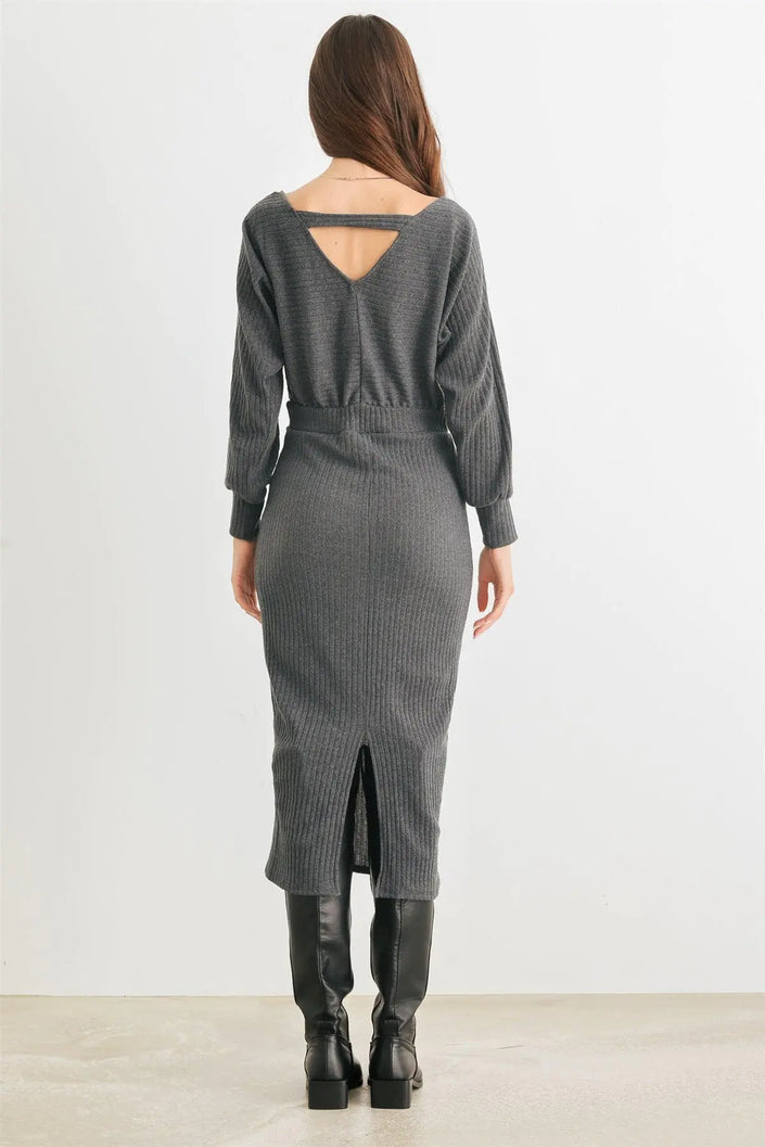 Dark Olive Ribbed Knit Cut-Out Back Long Sleeve Midi Dress /2-2-2 - My Store